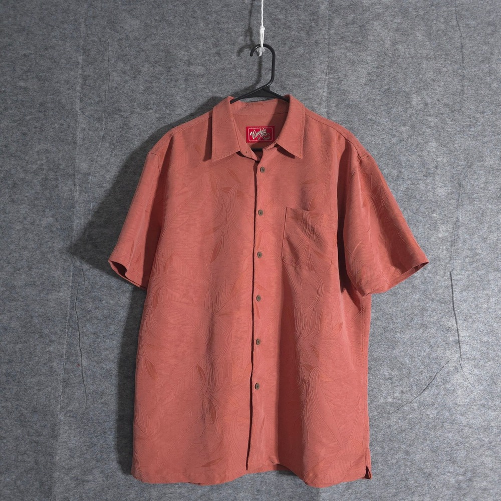 Woody's Retro Lounge Button Up Shirt Mens XL Coral Leaf Print Short Sleeve Pink